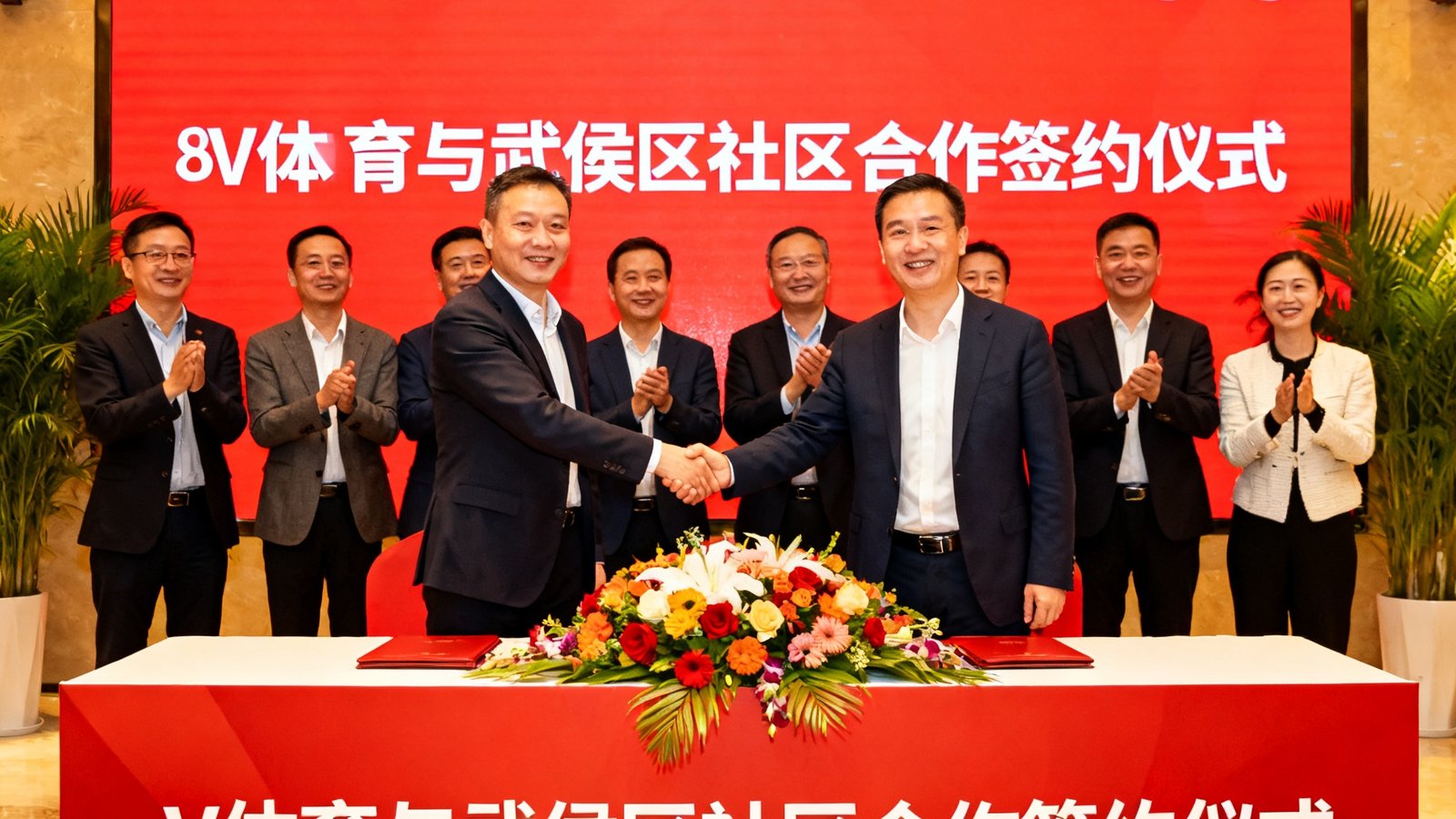 V体育与成都市武侯区8个社区代表举行合作签约仪式，双方握手庆祝达成合作
